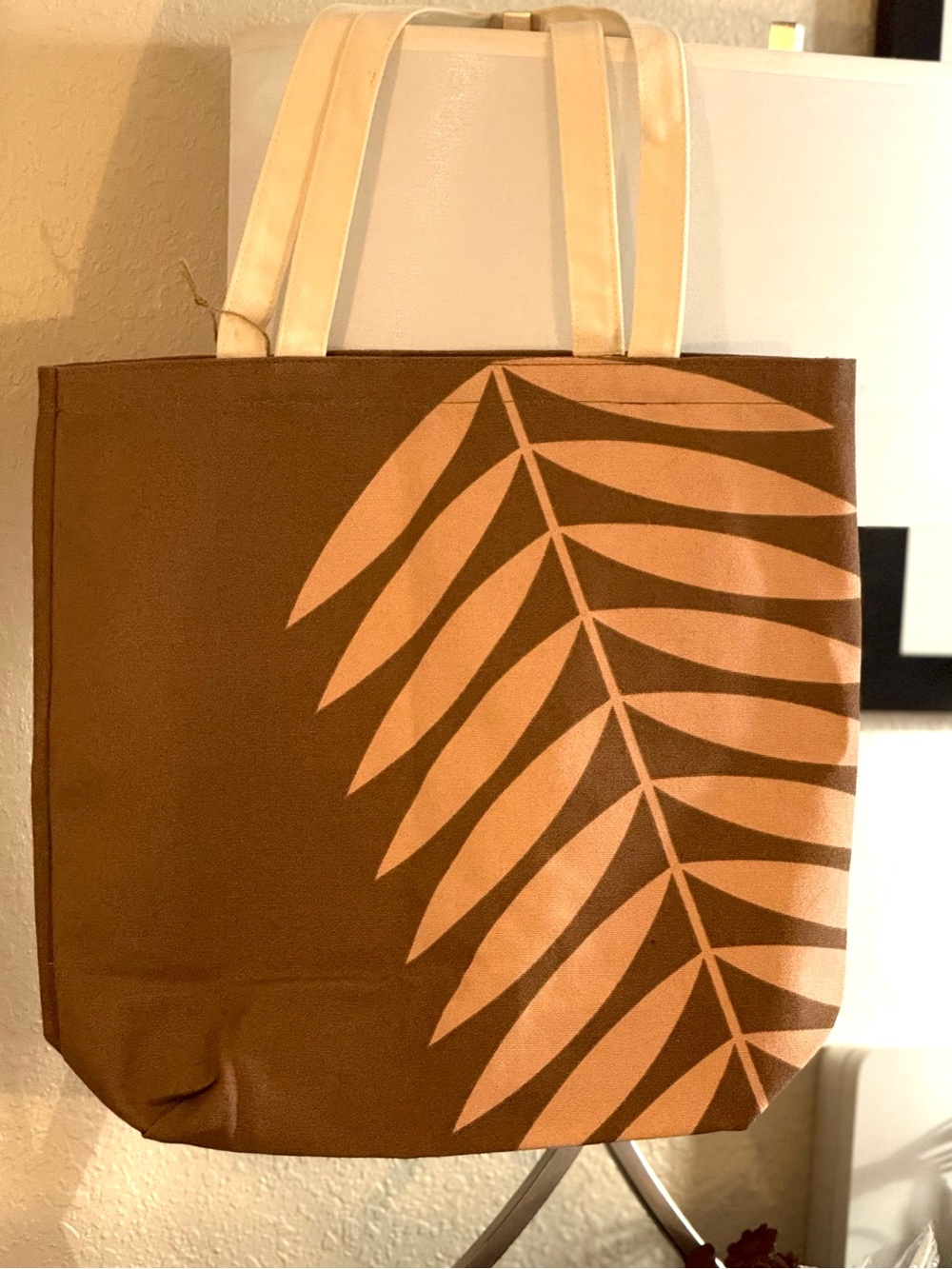 Clarin Canvas Tote Bag with Coral Leaf Print - Brown and Coral